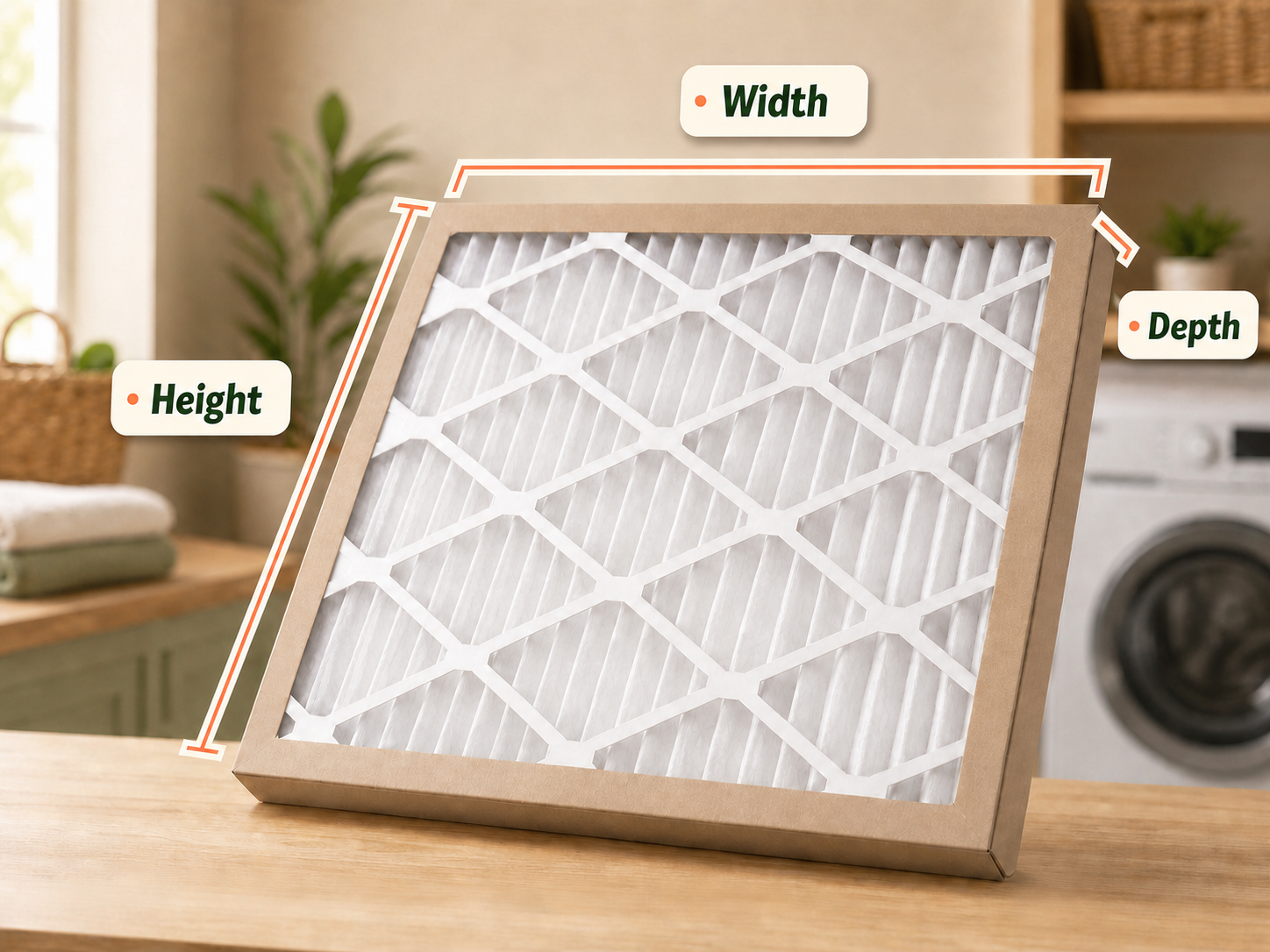 Air filter with high-contrast brackets showing where to measure width, height, and depth